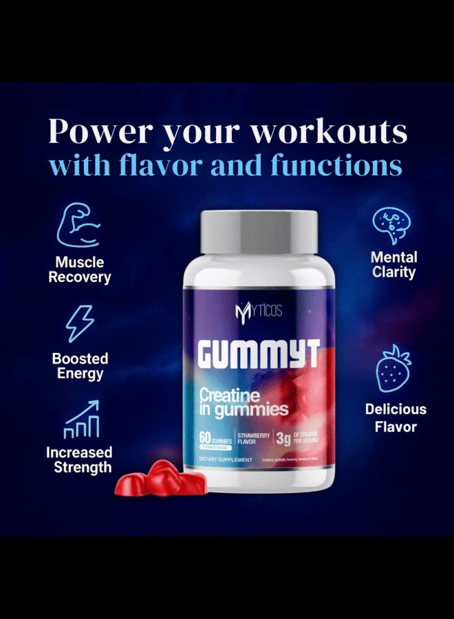 MYTICOS Gummyt Creatine in Gummies 3000 mg | Powerful Muscle Recovery & Strength & Energy Booster | Strawberry Flavor | No Added Sugar | Creatine Monohydrate Supplement for Men & Women | 60 Easy-Chew Gummies