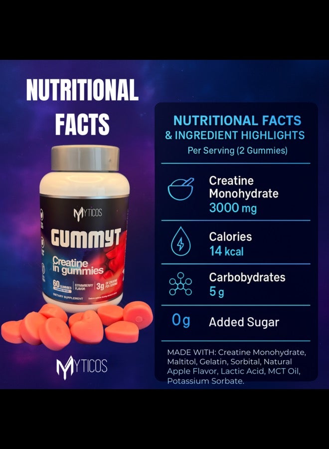 MYTICOS Gummyt Creatine in Gummies 3000 mg | Powerful Muscle Recovery & Strength & Energy Booster | Strawberry Flavor | No Added Sugar | Creatine Monohydrate Supplement for Men & Women | 60 Easy-Chew Gummies