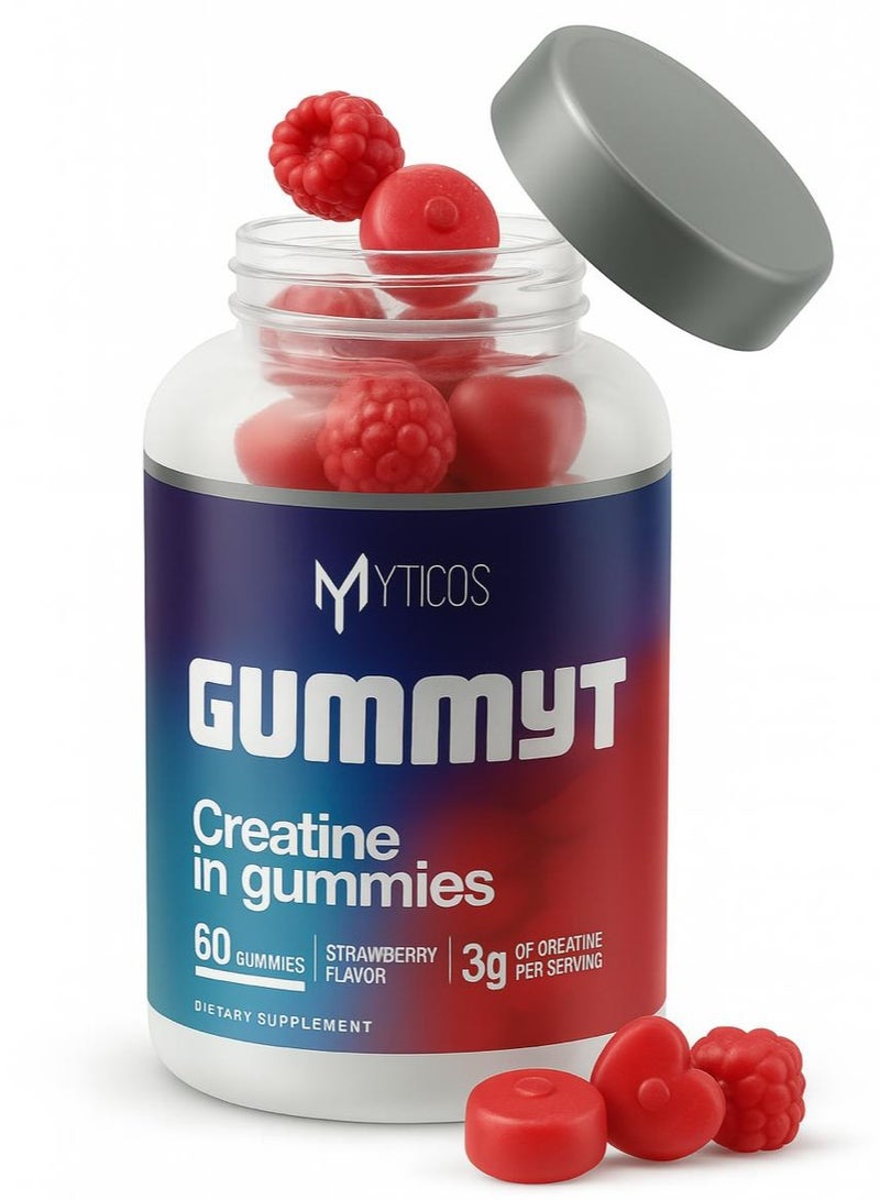 MYTICOS Gummyt Creatine in Gummies 3000 mg | Powerful Muscle Recovery & Strength & Energy Booster | Strawberry Flavor | No Added Sugar | Creatine Monohydrate Supplement for Men & Women | 60 Easy-Chew Gummies