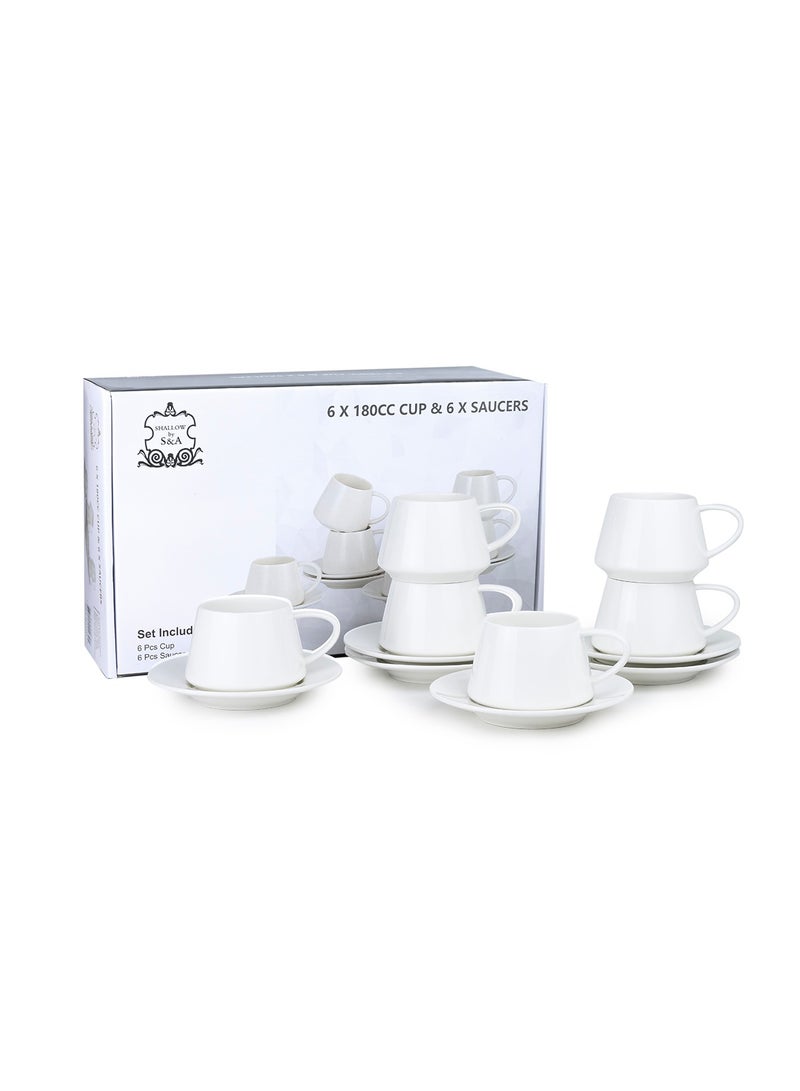 Shallow Elegant Porcelain 6 Cup & 6 Saucer Set, 180ml - Image 3