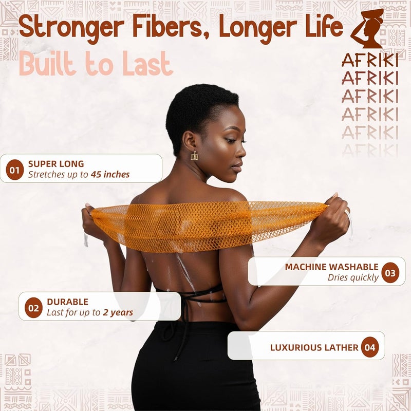 AFRIKI إسفنجة الشبكة الأفريقية من أفريقي – مقشر الجسم، مملوكة للسود ومتجذرة في أفريقيا، لجميع أنواع البشرة | طول 45 بوصة (سلمون) - Image 3