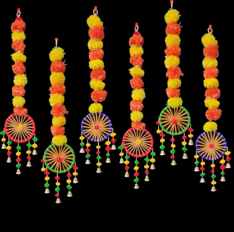 Just Flowers Artificial Marigold Flowers Wall Door Hanging Latkan Toran With Pom Pom Bells For Home Wedding Stage Backdrop Decoration (Set Of 6Pc, Orange & Yellow), 76.2 CM - Image 5