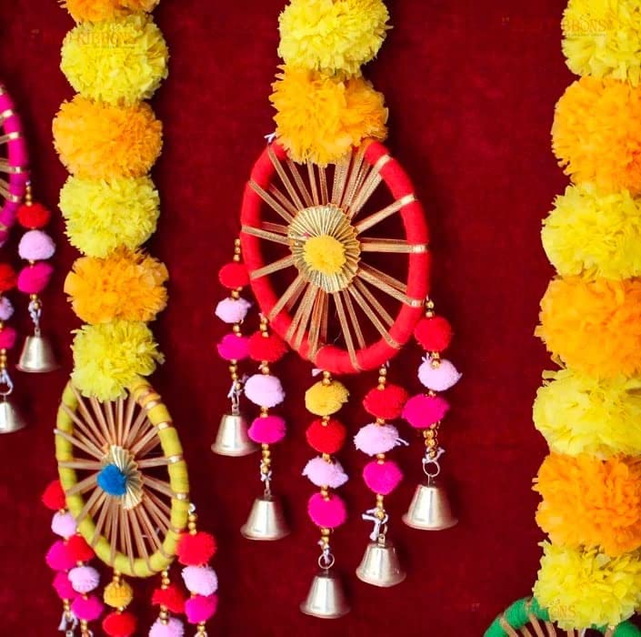 Just Flowers Artificial Marigold Flowers Wall Door Hanging Latkan Toran With Pom Pom Bells For Home Wedding Stage Backdrop Decoration (Set Of 6Pc, Orange & Yellow), 76.2 CM - Image 3
