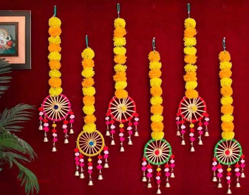 Just Flowers Artificial Marigold Flowers Wall Door Hanging Latkan Toran With Pom Pom Bells For Home Wedding Stage Backdrop Decoration (Set Of 6Pc, Orange & Yellow), 76.2 CM - Image 1