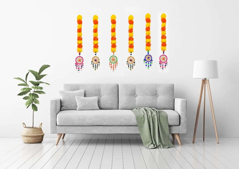Just Flowers Artificial Marigold Flowers Wall Door Hanging Latkan Toran With Pom Pom Bells For Home Wedding Stage Backdrop Decoration (Set Of 6Pc, Orange & Yellow), 76.2 CM - Image 4