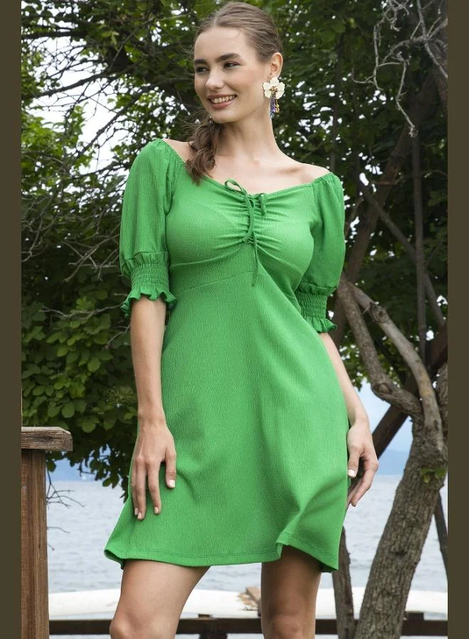 Lela Lela Crinkle Gathered V-Neck Dress with Shirred Sleeves Women's Dress 5865034