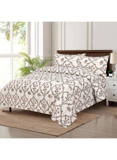 Kuber Industries Kuber Industries Set of 4 Dohar Set | 1 Piece Double Bedsheet with 2 Pillow Cover & Dohar Combo Set | Comforter | Bedsheet & AC Blanket Set for Bedroom | Quilt | Pushpa Flower Star | Brown  - Image 1