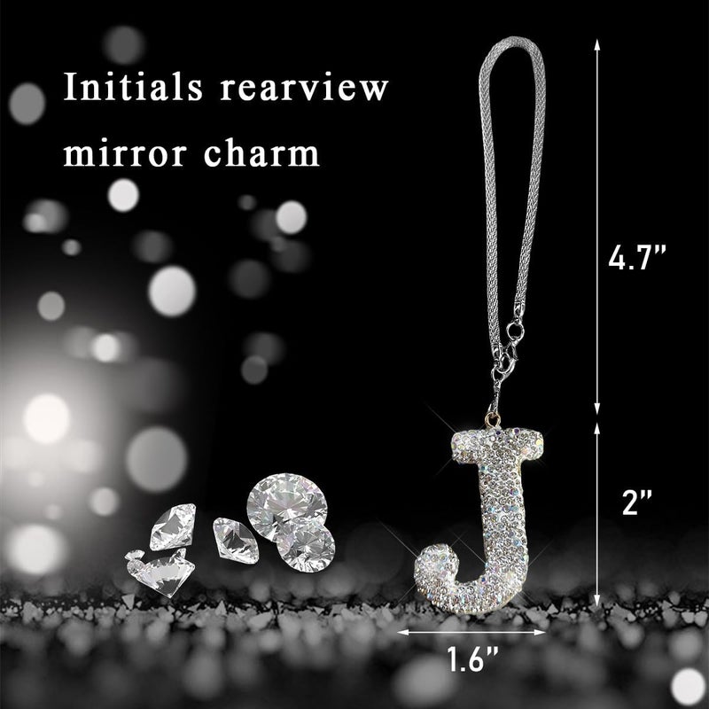 DXNQ Bling Initial Car Rear View Mirror Ornament, Crystal Sparkling Cute Letter Charm Pendant Auto Decor, Hanging Lucky Diamond Initial Charm Car Mirror Bag Ornament for Girl Women (Letter J) - Image 2