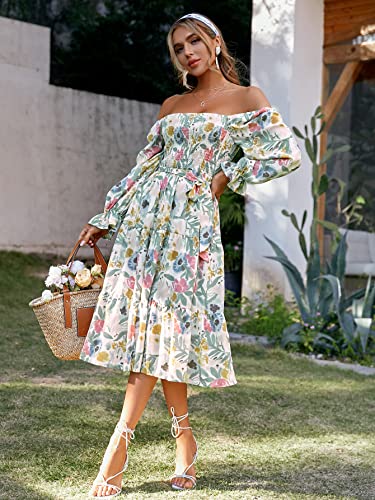 Glamaker Women's Long Sleeve Smocked Square Neck A Line Summer Flowy Midi Dress Multicoloured - Image 2