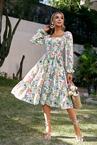 Glamaker Women's Long Sleeve Smocked Square Neck A Line Summer Flowy Midi Dress Multicoloured - Image 3