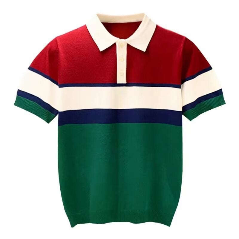 Polo shirt with lapel collar for summer mens new South Korea popular light cotton thread color matching striped collared T-shirt short sleeve for men Green  - Image 1