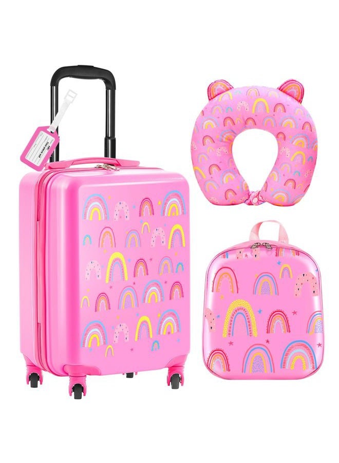 Sanwuta 4 Pcs Kids Luggage Set Kids Backpack Travel Rolling Suitcase with Wheels U-shape Pillow Christmas Gift for Girls Boys(20 Inch,Rainbow Style,Pink) - Image 1