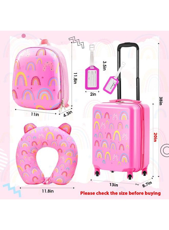 Sanwuta 4 Pcs Kids Luggage Set Kids Backpack Travel Rolling Suitcase with Wheels U-shape Pillow Christmas Gift for Girls Boys(20 Inch,Rainbow Style,Pink) - Image 2