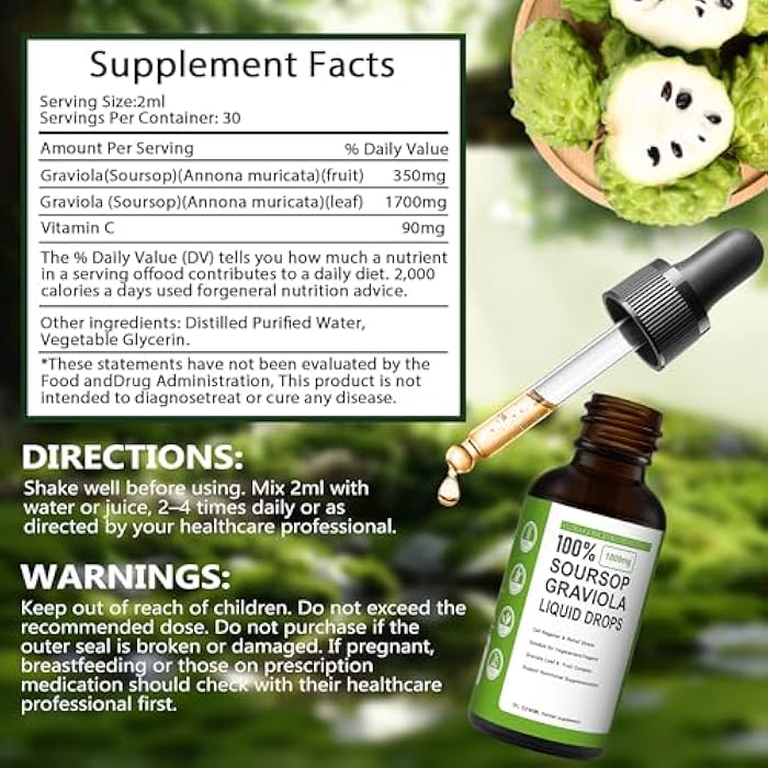 KUNLEN Soursop Bitters Liquid,100% Pure Organic Soursop Graviola Liquid Drops with Vitamin C | Immune Boost & Relax, Liver and Sleep, Sugar, Vegan, Non-GMO, Natural Flavor, 2 Fl Oz, 60 ml - Image 3