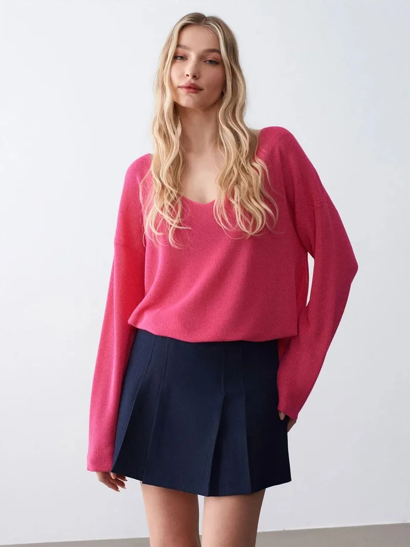 ديلفين DILVIN Women's V-neck Ribbed Knit Sweater