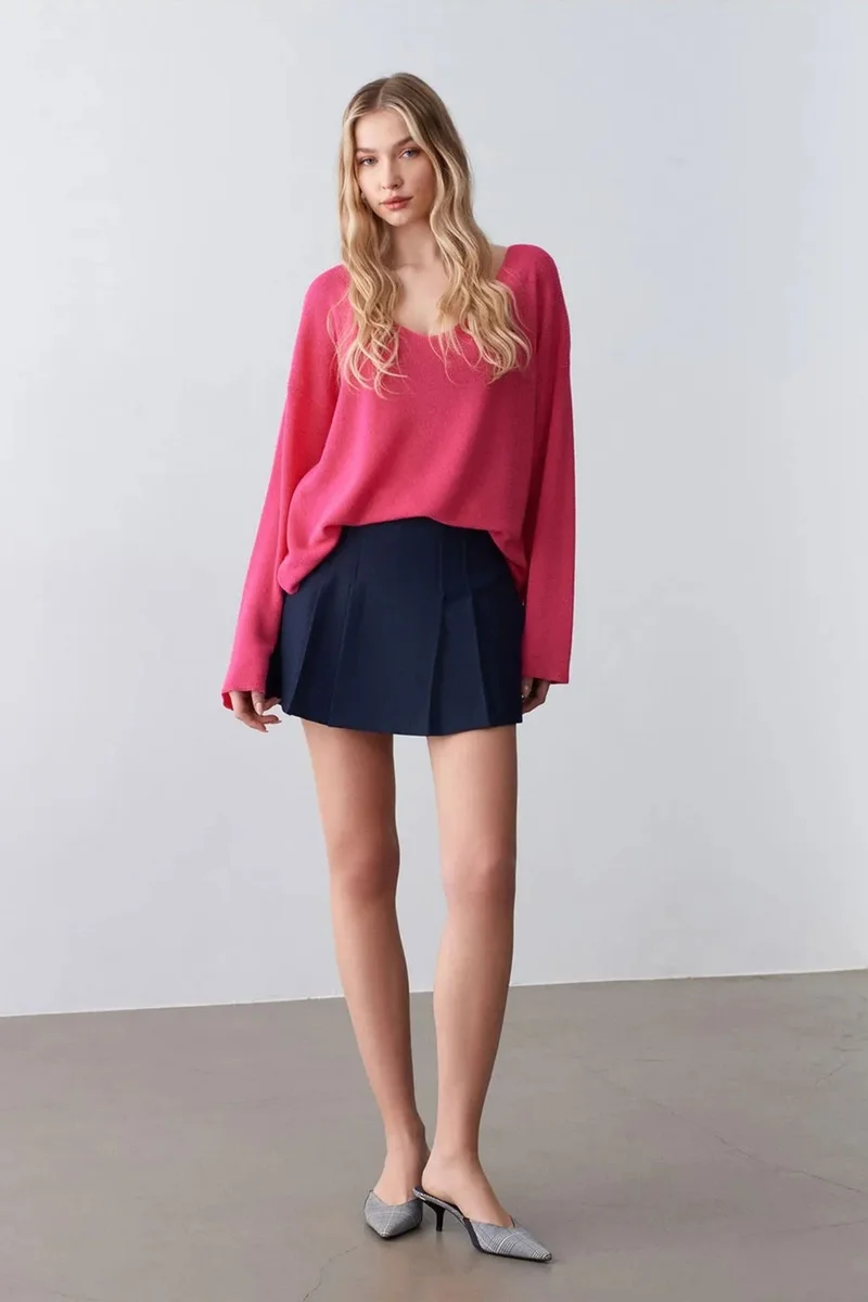 Dilvin Bright Pink DILVIN Women's V-neck Ribbed Knit Sweater for Women | Best Price UAE