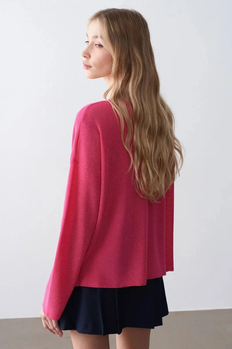 Dilvin Bright Pink DILVIN Women's V-neck Ribbed Knit Sweater for Women | Best Price UAE