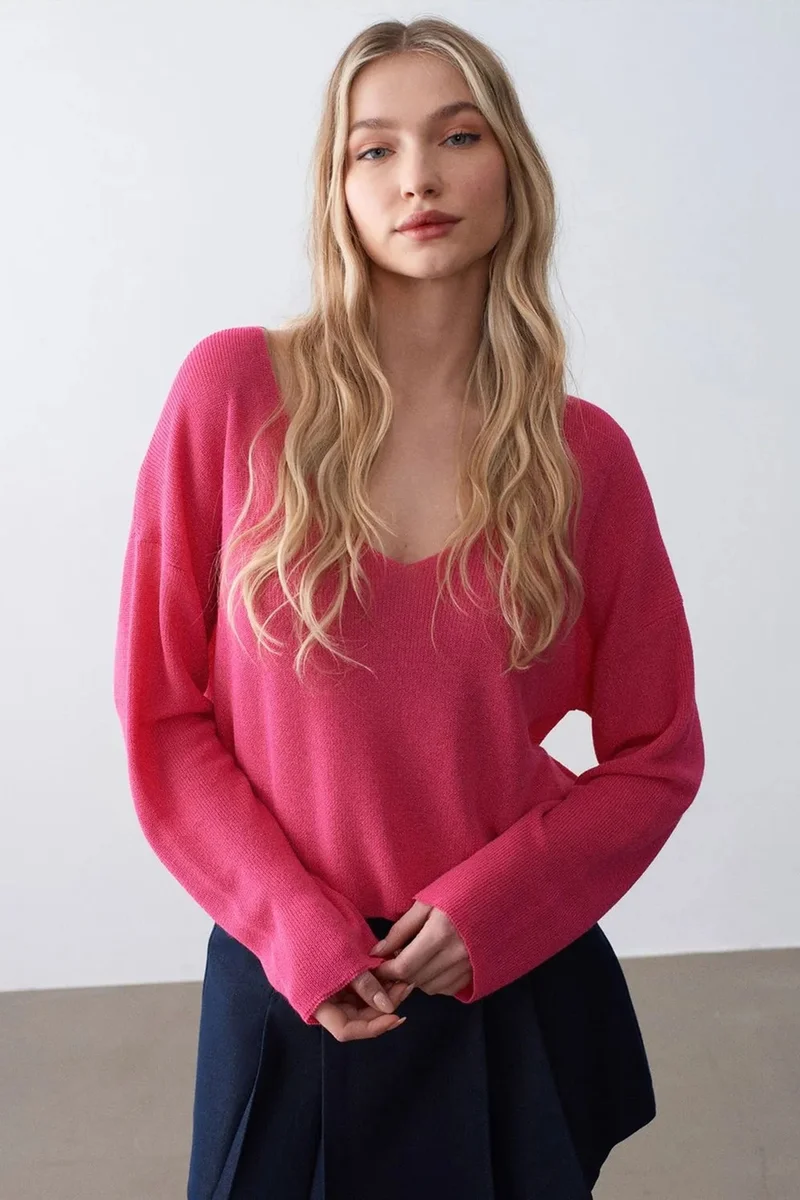 Dilvin Bright Pink DILVIN Women's V-neck Ribbed Knit Sweater for Women | Best Price UAE
