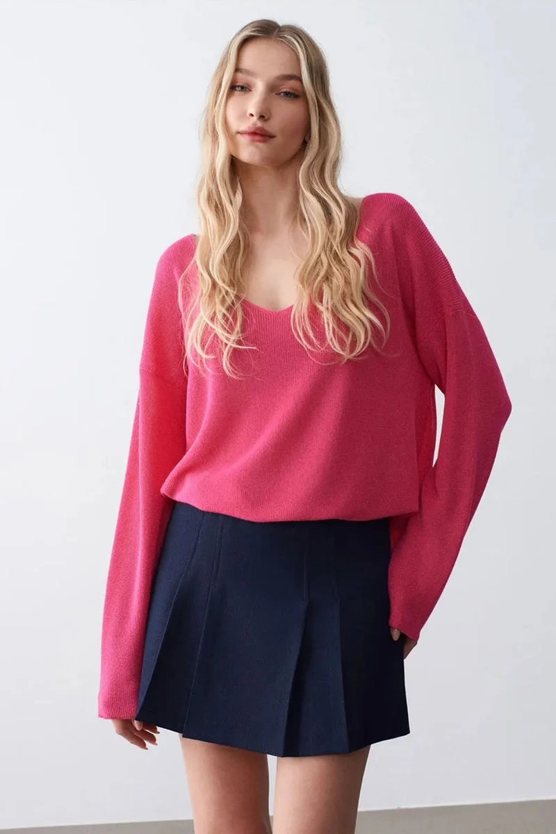 DILVIN Women's V-neck Ribbed Knit Sweater