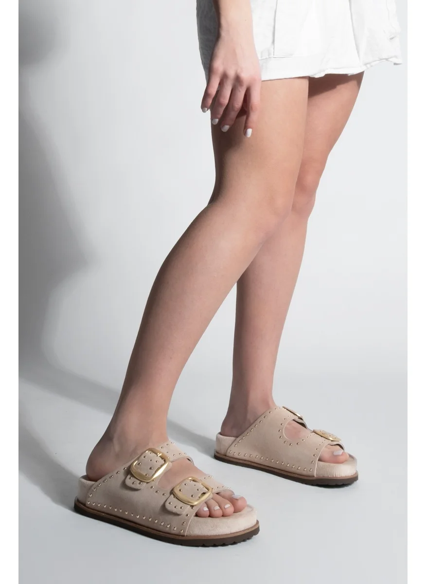 MARJIN Women's Leather Studded Double Banded Cork Sole Casual Slippers Ortin