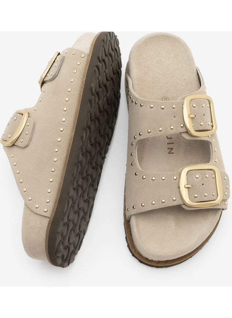 MARJIN Women's Leather Studded Double Banded Cork Sole Casual Slippers Ortin