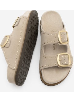 MARJIN Women's Leather Studded Double Banded Cork Sole Casual Slippers Ortin  - Image 5