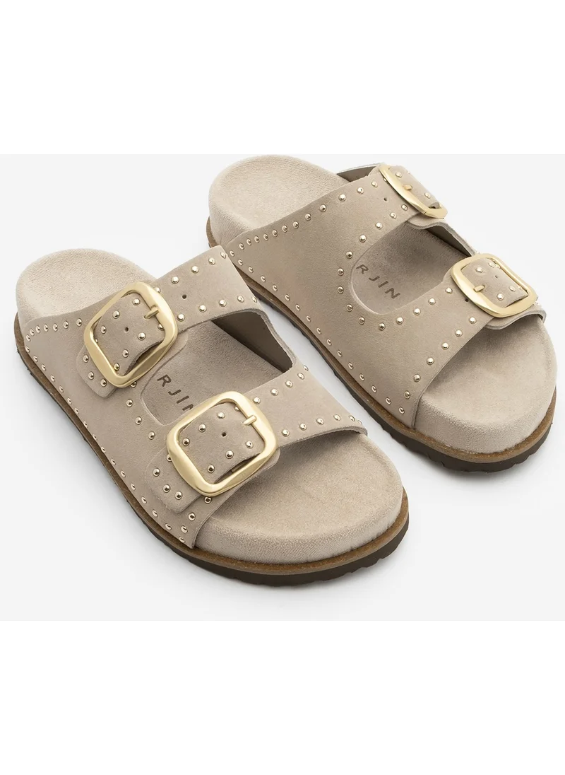 MARJIN Women's Leather Studded Double Banded Cork Sole Casual Slippers Ortin