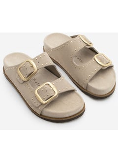 MARJIN Women's Leather Studded Double Banded Cork Sole Casual Slippers Ortin  - Image 3