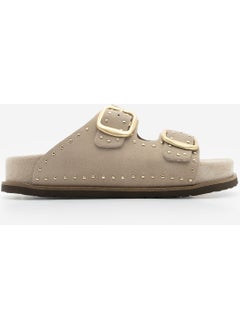 MARJIN Women's Leather Studded Double Banded Cork Sole Casual Slippers Ortin  - Image 2