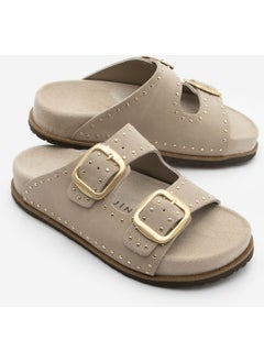 MARJIN Women's Leather Studded Double Banded Cork Sole Casual Slippers Ortin  - Image 1