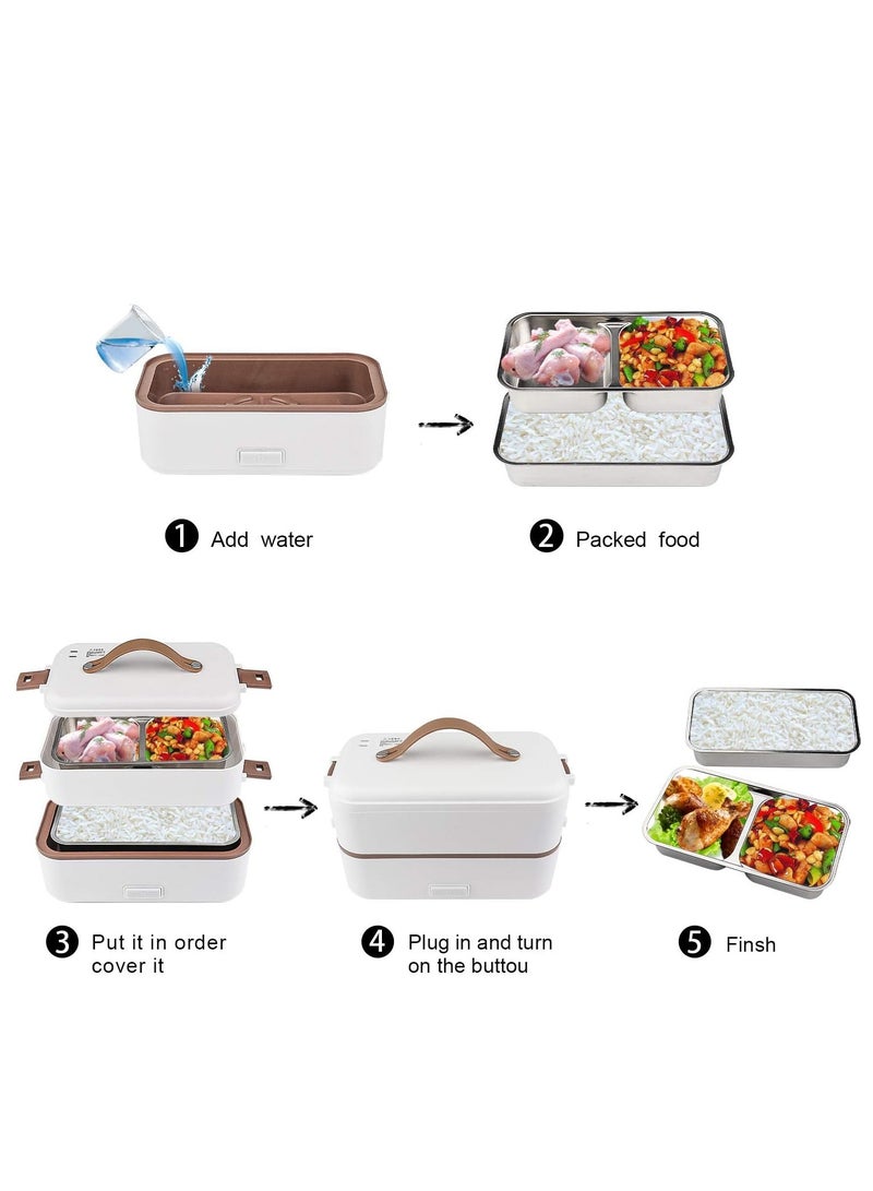 ROEIEIS Electric Heating Lunch Box - 304 Stainless Steel, 2 Removable Compartments, Portable for Office & Home Use, 220V (White) - Image 3