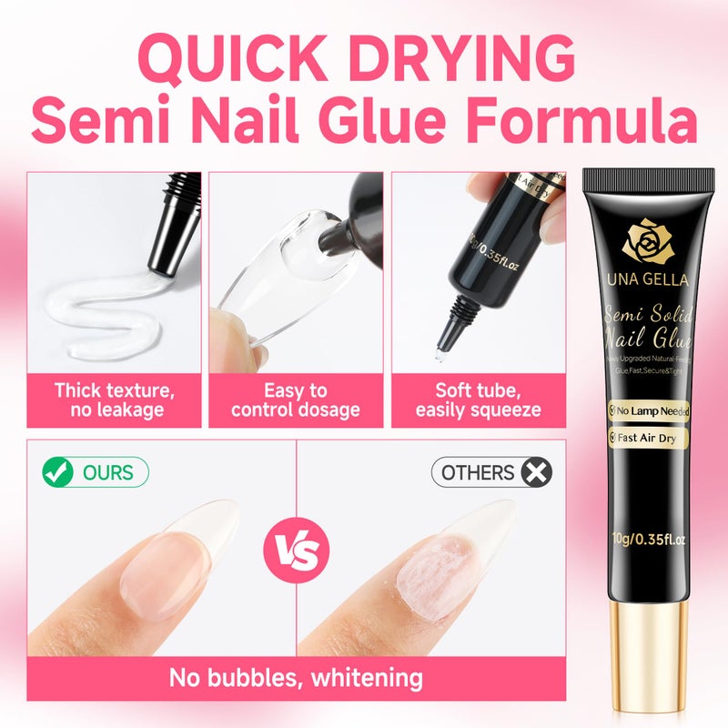 UNA GELLA No Lamp Need Solid Nail Glue for Press Ons: Nails Acrylic Nails Super Strong Semi Nail Glue Gel Fast Curing 10ml*2pcs Long Lasting Gel Glue Kit - Image 5