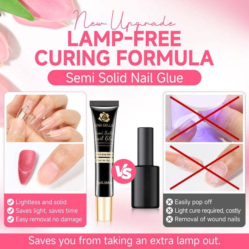 UNA GELLA No Lamp Need Solid Nail Glue for Press Ons: Nails Acrylic Nails Super Strong Semi Nail Glue Gel Fast Curing 10ml*2pcs Long Lasting Gel Glue Kit - Image 2