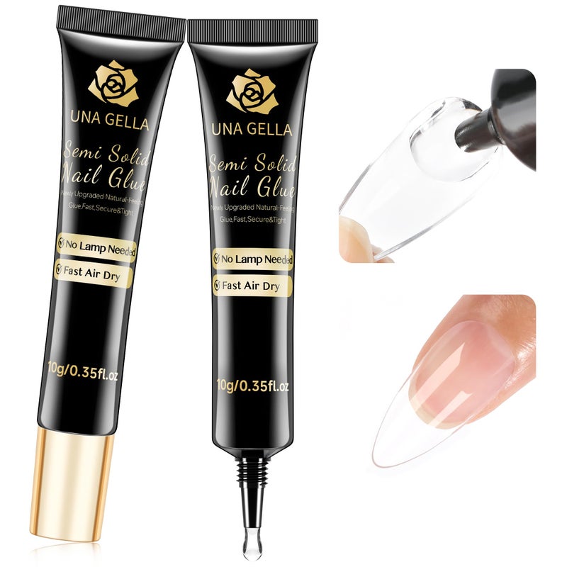 UNA GELLA No Lamp Need Solid Nail Glue for Press Ons: Nails Acrylic Nails Super Strong Semi Nail Glue Gel Fast Curing 10ml*2pcs Long Lasting Gel Glue Kit - Image 1