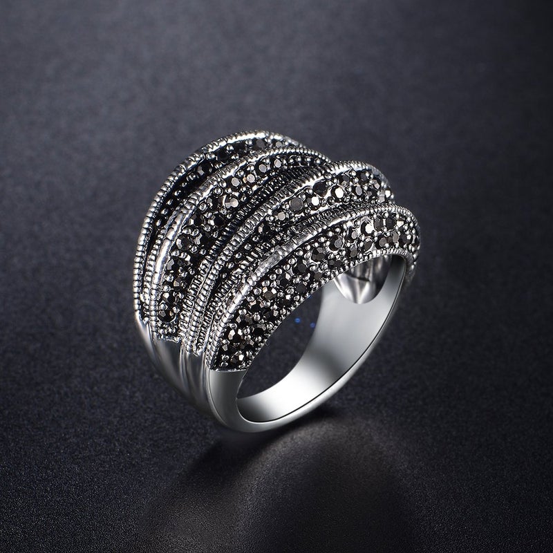 Mytys Marcasite Rings for Women Retro Black Onyx Cocktail Band Ring Statement Rings for Women (marcasite size 8) - Image 2