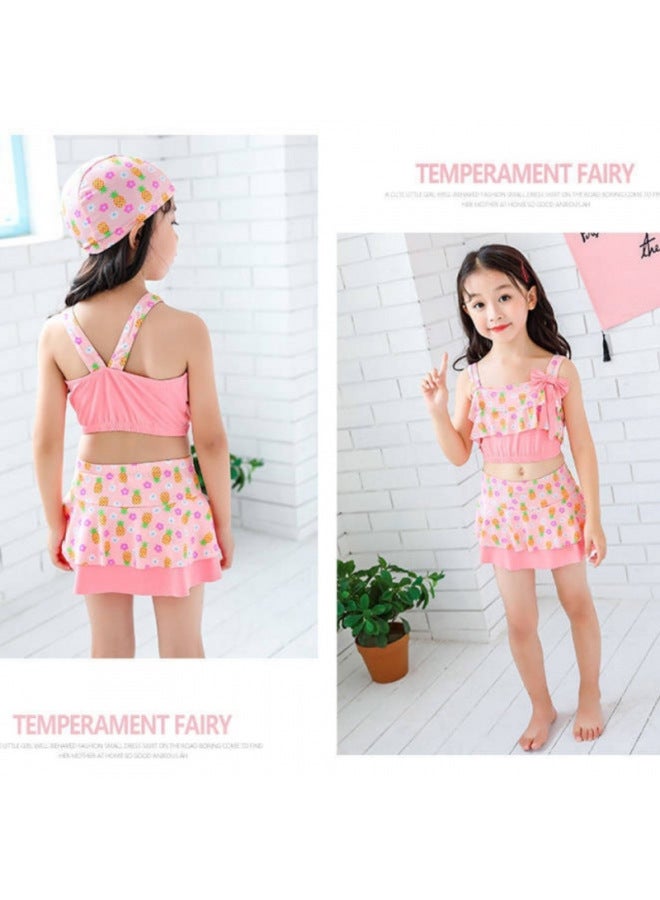 Generic Five-piece Boxer Shorts Primary School Students Swimsuit Children Girls Swimsuit Girls Middle School Children Girls Kindergarten Style-Color:6111 Bright Pink Cherry + Swimming Cap-Size:Size 18 140-150cm 30-37.5kg  - Image 2