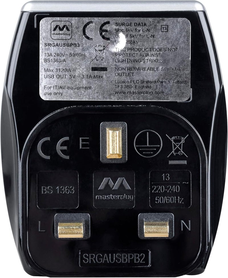 ماستربلاج محول طاقة محمي من التيار الزائد بمقبس واحد من ماستر بلج مع نقطتي شحن USB، 3 طرق 3 مقابس (أسود) - Image 4