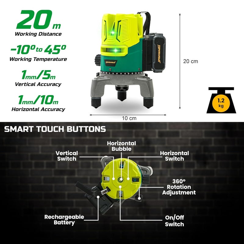 Tomahawk مستوى ليزر ثلاثي الخطوط تومهوك SPB-6683 - ليزر دقيق عالي الدقة مع أشعة خضراء أفقية ورأسية، أداة محاذاة مدمجة للبناء، والتبليط، وتجديد المنازل - Image 2