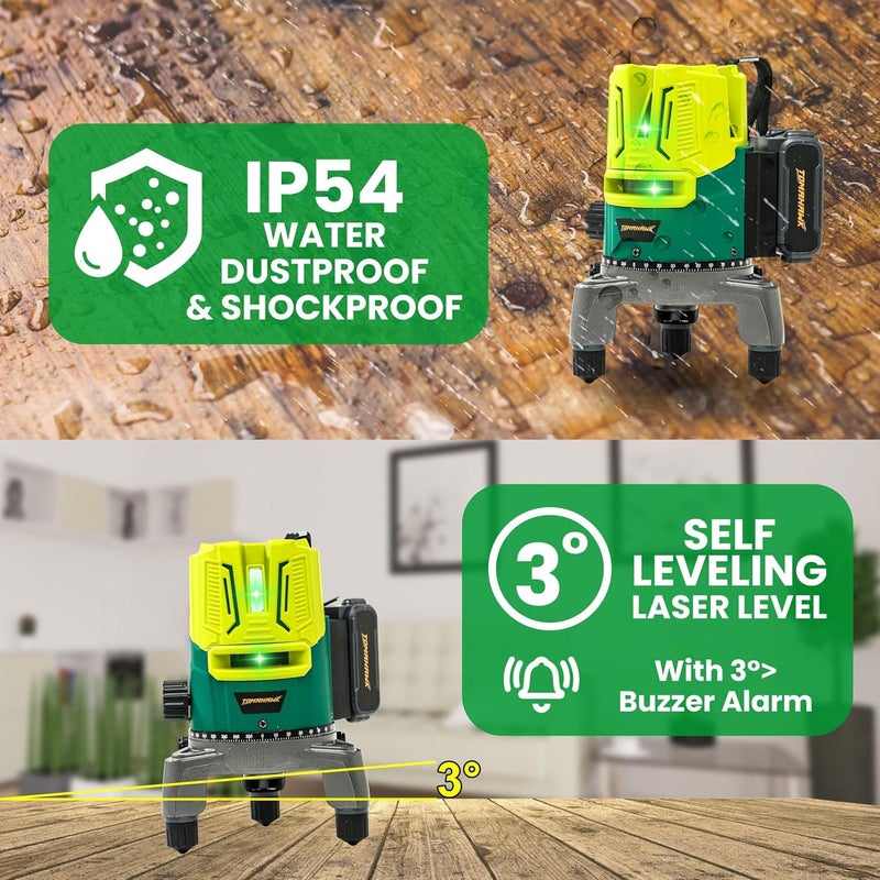 Tomahawk مستوى ليزر ثلاثي الخطوط تومهوك SPB-6683 - ليزر دقيق عالي الدقة مع أشعة خضراء أفقية ورأسية، أداة محاذاة مدمجة للبناء، والتبليط، وتجديد المنازل - Image 3