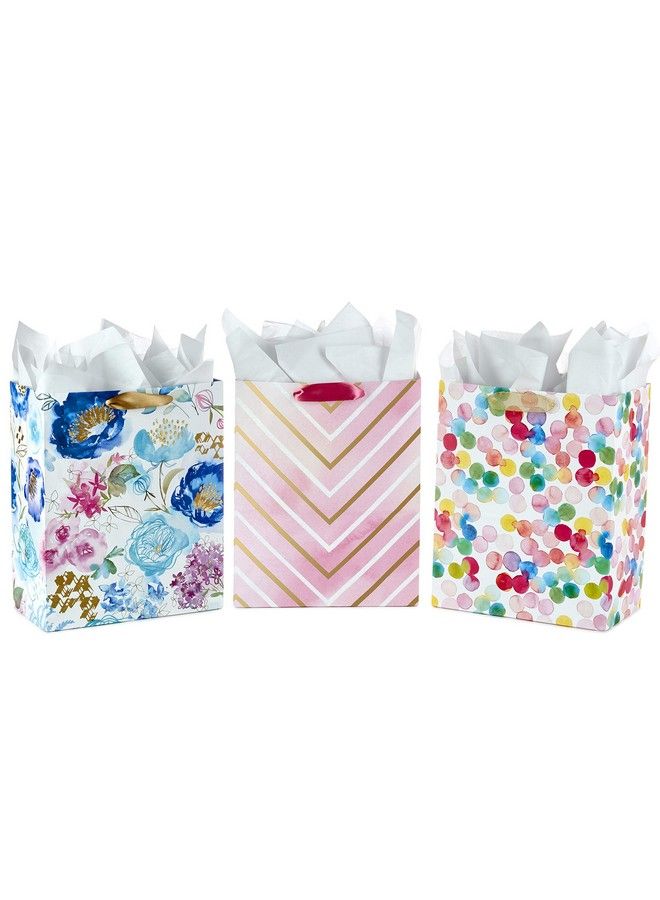 Hallmark 13" Large Gift Bags Assortment With Tissue Paper (Pack Of 3: Floral Chevron Dots) For Birthdays Mother'S Day Baby Showers Bridal Showers Bridesmaids Gifts Weddings Any Occasion - Image 1