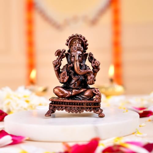 CraftVatika Copper Ganesh Idol - Copper Ganpati Statue - Tamba Murti Statue for Temple Home Office Entrance Decor Gift - Patina Antique Finish (5.5 CM Height) - Image 1