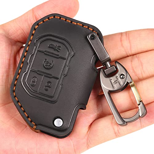 EASYANT Handmade Leather Car Key Fob Cover Compatible with Jeep 2018-2024 Wrangler Gladiator Sahara Rubicon 4 Buttons Black - Image 1