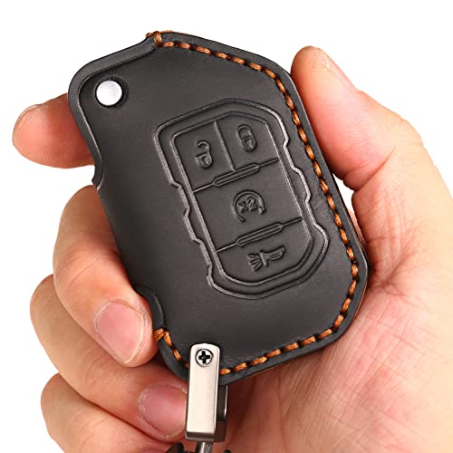 EASYANT Handmade Leather Car Key Fob Cover Compatible with Jeep 2018-2024 Wrangler Gladiator Sahara Rubicon 4 Buttons Black - Image 3