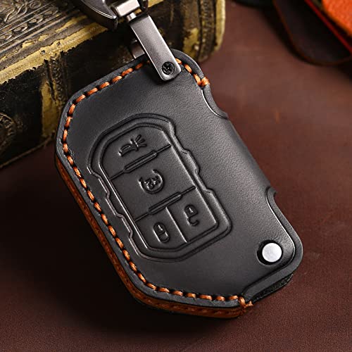 EASYANT Handmade Leather Car Key Fob Cover Compatible with Jeep 2018-2024 Wrangler Gladiator Sahara Rubicon 4 Buttons Black - Image 5