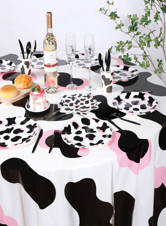 Oudain 3 Pcs Pink Cowgirl Cow Themed Table Cover Plastic Round Cow Themed Tablecloth 84 Inch Farm Animal Tablecloth Disposable Black White for Kids Picnic Birthday Party Supplies - Image 2
