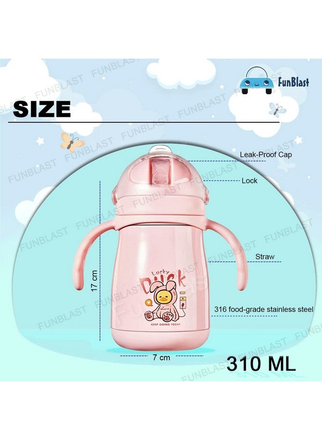 FunBlast Water Stainless Steel Bottle For Kids Double Wall Vacuum School Water Bottle For Kids 310 Ml Bpa Free Water Bottle For Kids Insulated Bottle With Straw Strap And Side Handle (Pink) - Image 3