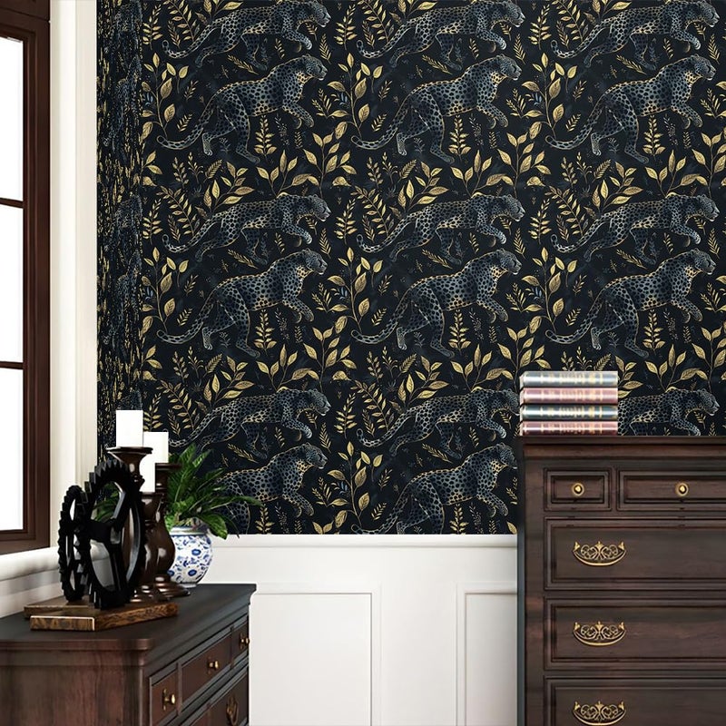 REDAMANCY Black Golden Leopard Animal Leaf Peel and Stick Wallpaper Stick on Contact Paper Vintage Wall Paper Easy Peel Off for nightstand Drawer Cabinet Renter - Image 2