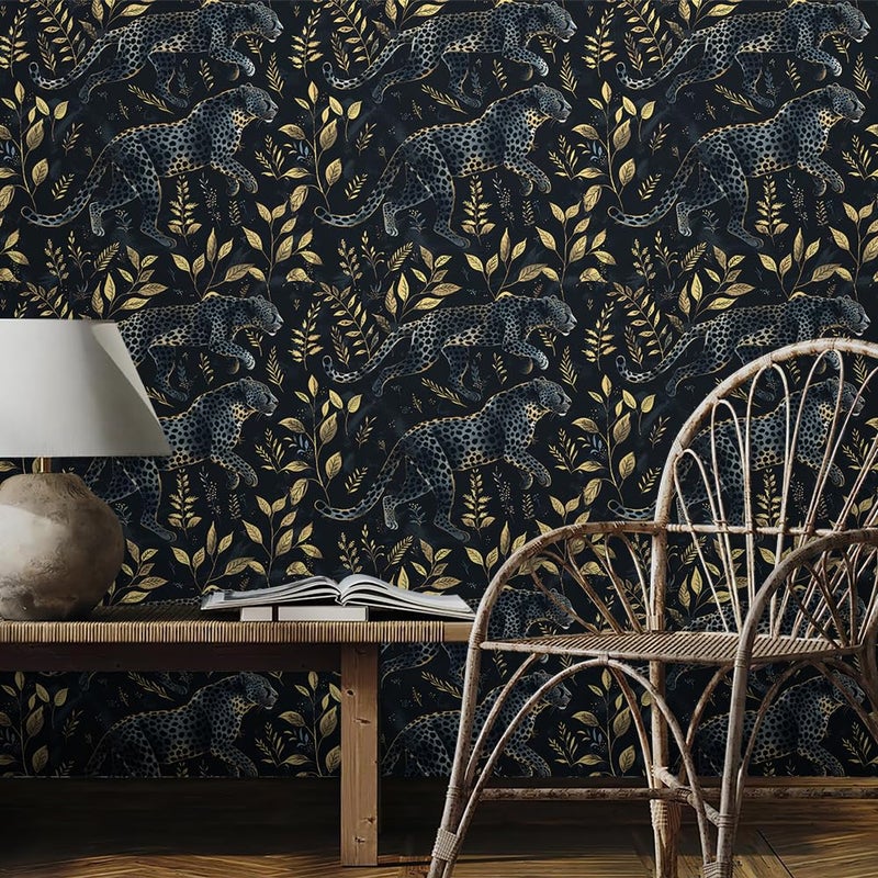 REDAMANCY Black Golden Leopard Animal Leaf Peel and Stick Wallpaper Stick on Contact Paper Vintage Wall Paper Easy Peel Off for nightstand Drawer Cabinet Renter - Image 3