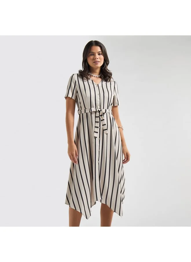 FAV Striped Asymmetric Hem Collared Midi Dress with Belt and Short Sleeves