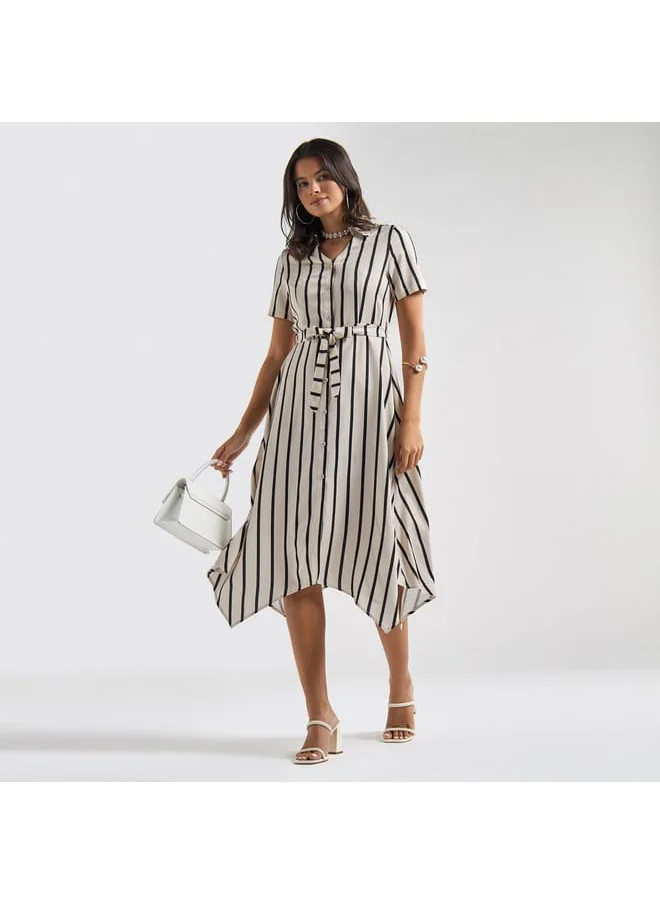 FAV Striped Asymmetric Hem Collared Midi Dress with Belt and Short Sleeves